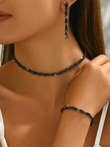 1 Set V-Shaped Rhinestone Jewelry Set: 1 Necklace, 1 Pair Earrings, 1 Bracelet, Fashionable For Evening Party - Black - View 2
