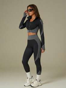 UONNOU 三件套女士运动服套装，包括文胸+长袖上衣+长裤塑形套装，女士户外休闲服，运动服，塑形服，紧身服，夹克款式，机车风格，立领，全开拉链，运动拇指孔设计，交叉肩带文胸背心，超短塑形上衣，提臀，收腰收腹，塑造腿部线条，让您看起来更苗条，运动紧身长裤，高弹力高塑形，蜂窝无缝针织柔软面料，适合运动和户外活动、瑜伽、健身、跑步、休闲日常、通勤、聚会和节日等，时尚运动户外套装，适合所有季节，秋冬春秋皆宜。 - 黑與白 - 查看 6