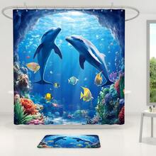 1pc/3pcs/4pcs Underwater World Dolphin Multifunctional Bathroom Decor Shower Curtain Set, Free 12 Hooks Included, Elegant Holiday Atmosphere, Bathroom Mat, U-Shaped Floor Mat And Round Toilet Mat, Suitable For All Scenarios Bathroom Set - Multicolor - View 5