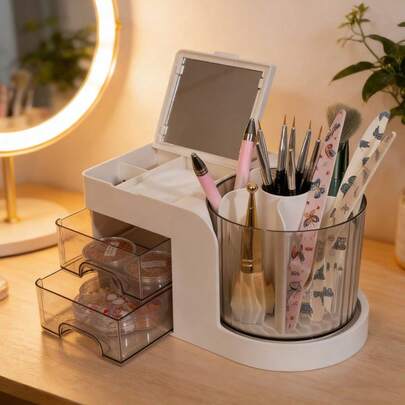 1个带镜子的旋转美甲工具收纳盒，大容量，6个隔层和2个抽屉，滑动顺畅，适合收纳美甲配件、文具、护肤品、浴室梳妆台用品、学习用品、节日礼物、女友礼物、母亲节礼物