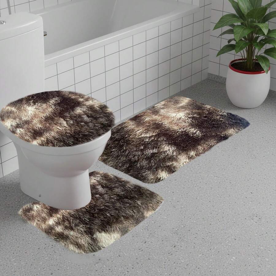 3 Pcs Mixed Color Bath Rugs Set, Bath Rug + Contour Mat + Toilet Seat Cover, Soft Microfiber Water Absorbent And Non-Slip Bathroom Rugs, Machine Washable, Easy To Dry - màu nâu - Xem 1