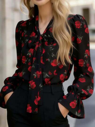 女士优雅长袖系领印花红色花朵常规衬衫，梭织面料