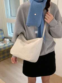 Korean & Japanese Style Plaid Print Fabric Women's Casual Versatile One Shoulder Bag, Front Double Pockets, Lightweight Foldable Zipper Closure Adjustable Long Strap, Suitable For Daily Use, School/College Students, Simple & Cute, Crossbody Bag For Shopping - Multicolor - View 4