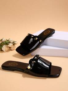 女士黑色方头铆钉搭扣平底凉鞋，皮革鞋面沙滩拖鞋，优雅休闲百搭夏季平底凉鞋 - 黑色 - 查看 6