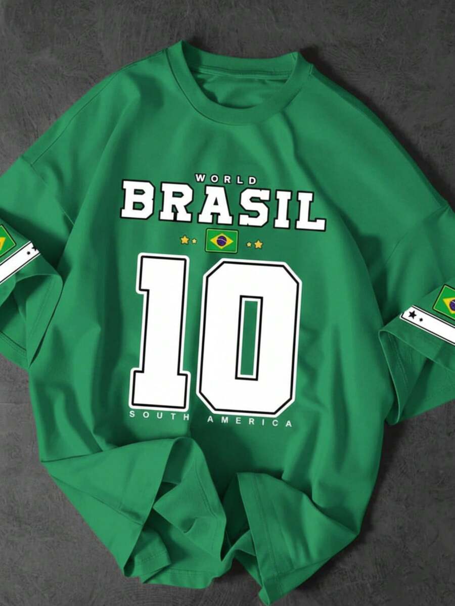 Men's Casual T-Shirt With "BRAZIL" Print And Number 10, Premium Cotton, World Cup Fan Edition, Brazilian Football Fashion - màu xanh lá - Xem 1
