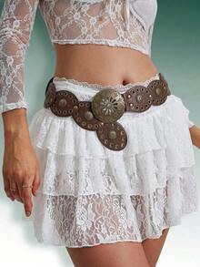 Hershine 1pc Western Cowboy Bohemian Style Country Belt, Women's Fashion Accessory, Retro Bronze Floral Hollow Buckle Oval Belt Waist Chain, Bohemian Style Belt And Dress Accessory Halloween Valentine's Day Valentines - 棕色 - 查看 3
