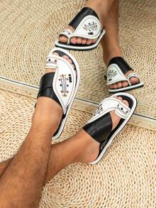Men's Flat Comfortable Arabic Style Slippers, Black And White Middle Eastern Sandals - White Black - View 5