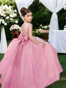 Girls Satin Tulle Pink Flower Girl Dress Sleeveless Round Neck Deep V Back With Large Bow Pearl Belt Fluffy Tulle Skirt Formal Wedding Pageant Gown Princess Dress - 藕粉色 - 查看 1
