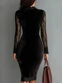 Womens Long Sleeve Sheer Lace Cutout Neck Velvet Bodycon Mini Dress - Black - View 3