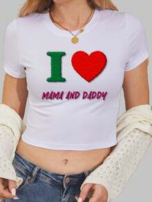 Customized Short T-Shirt For Women, Personalized, Women's T-Shirt, Use Flocking Technique To Customize Your Slogan, Fuzzy Texture Text Print, Create Your Unique Spring/Summer Style. Suitable For Daily Wear, Sports, Outdoor Activities, Spring/Summer Clothing, Valentine's Day Outfit, Family, Couples, Parent-Child, Group White - White - View 6