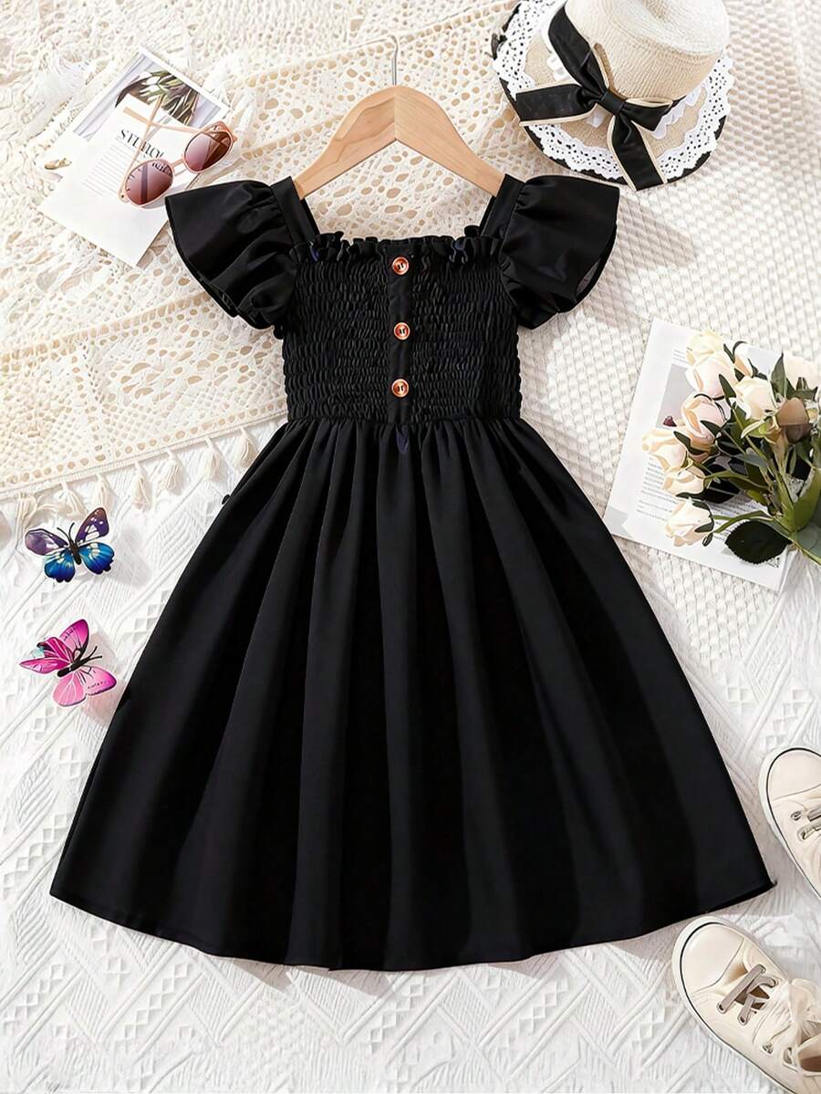 Girls' Black Cap Sleeve Dress, 4-8Y, Square Neck Pleated Design, French Style Princess Dress, Summer - Black - View 1