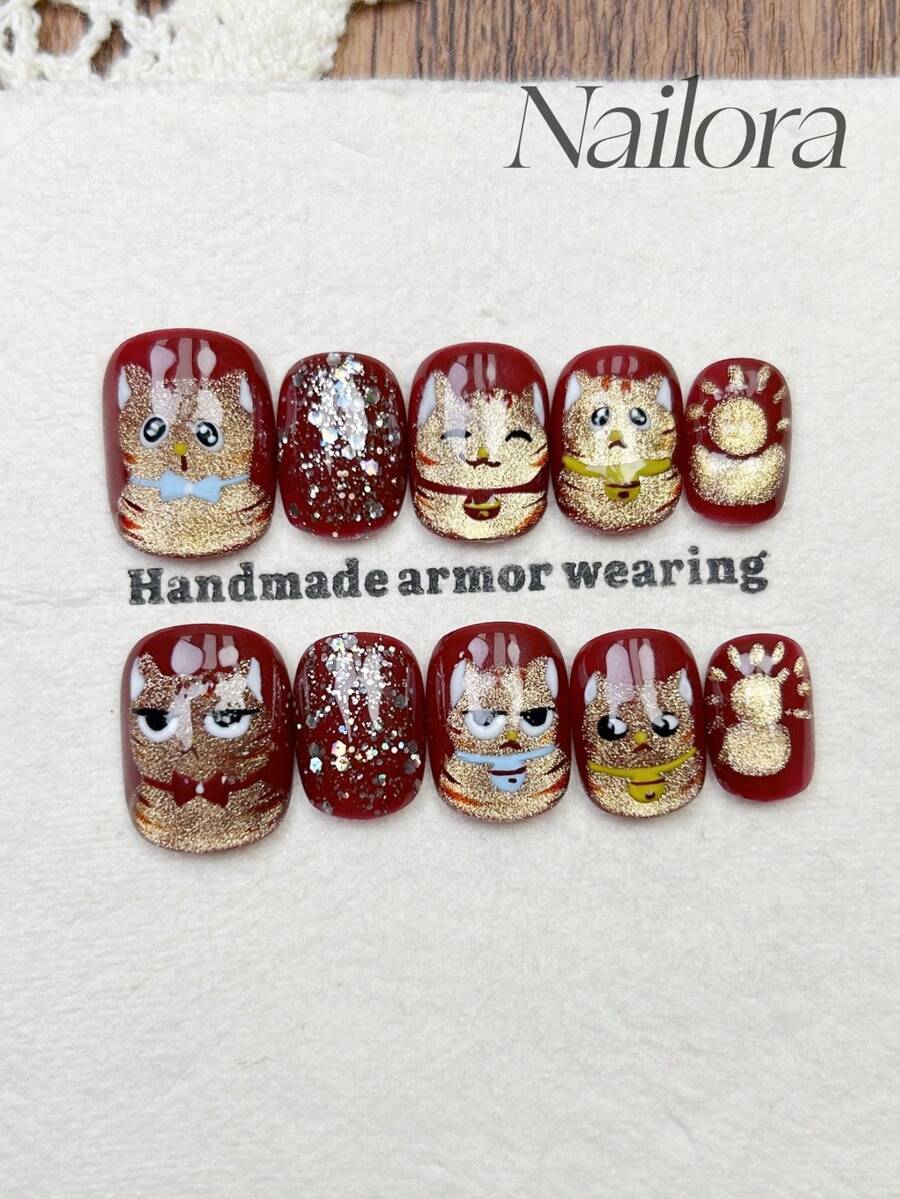 10片手工亚克力短方形/圆形美甲贴纸，柔和红色，带有不规则闪粉，手绘闪亮猫眼招财猫图案，简约优雅奢华秋季美甲，多功能DIY假指甲，适用于派对、日常、约会、工作等场合，可重复使用，送给女性和女孩的礼物，美甲用品 - 紅色 - 查看 1