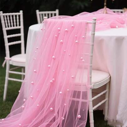 Caminho de mesa rosa estilo boho com pérolas, ideal para festas de casamento, chá de bebê e decoração de mesa de doces.