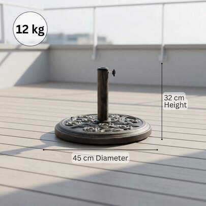 12KG Cast Iron Effect Parasol Base, Floral Rose Design, Heavy Duty Outdoor Umbrella Stand