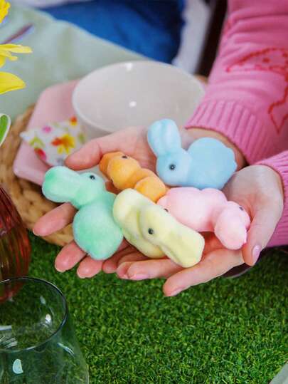5个柔软毛绒迷你粉彩兔子摆件，适合复活节彩蛋寻宝游戏，可爱兔子装饰，室内家居派对办公室桌面春季装饰