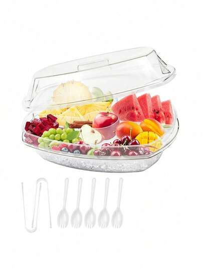 Cold Condiment Tray With Lid, Serving Salad Bowl, Refrigerator Salad Bowl, Suitable For Fruits, Vegetables, Shrimp, Appetizers, Suitable For Parties, Barbecues, Gatherings, Lunch, Kitchen Storage Accessories.