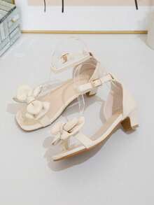 Girls' Summer High Heel Sandals, Versatile Beige, Buckle Closure, Double-Layer Rhinestone Trim Bow, Square Toe, Suitable For School Performance, Princess Party - Beige - View 4