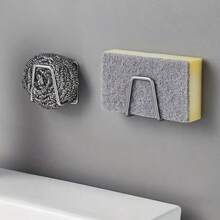 3/5 piezas Soporte de esponja de acero inoxidable, rejilla de drenaje del fregadero de cocina, ganchos adhesivos de pared para almacenamiento de esponjas, ganchos colgantes multifunción - Plateado - Ver 9