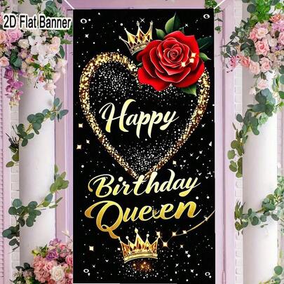 1pc Black Gold Birthday Theme Background Cloth Banner With Design Of Crown, Rose, Queen Happy Birthday Words, Suitable For Holiday Decoration, Party Decoration, Live Broadcast Background Decoration, Courtyard, Garden, Room Decoration, Theme Party Decoration