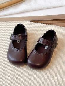 Infant Flat Shoes, Round Toe, Hook And Loop Closure, Comfortable & Versatile Square Toe Leather Shoes - Brown - View 2