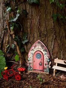 一套2D平面木质仙女门饰 - 心形和蝴蝶图案，梦幻花园和桌面摆件，室内/室外迷你景观艺术，仙女主题装饰，天然木工艺品 - 彩色 - 查看 10