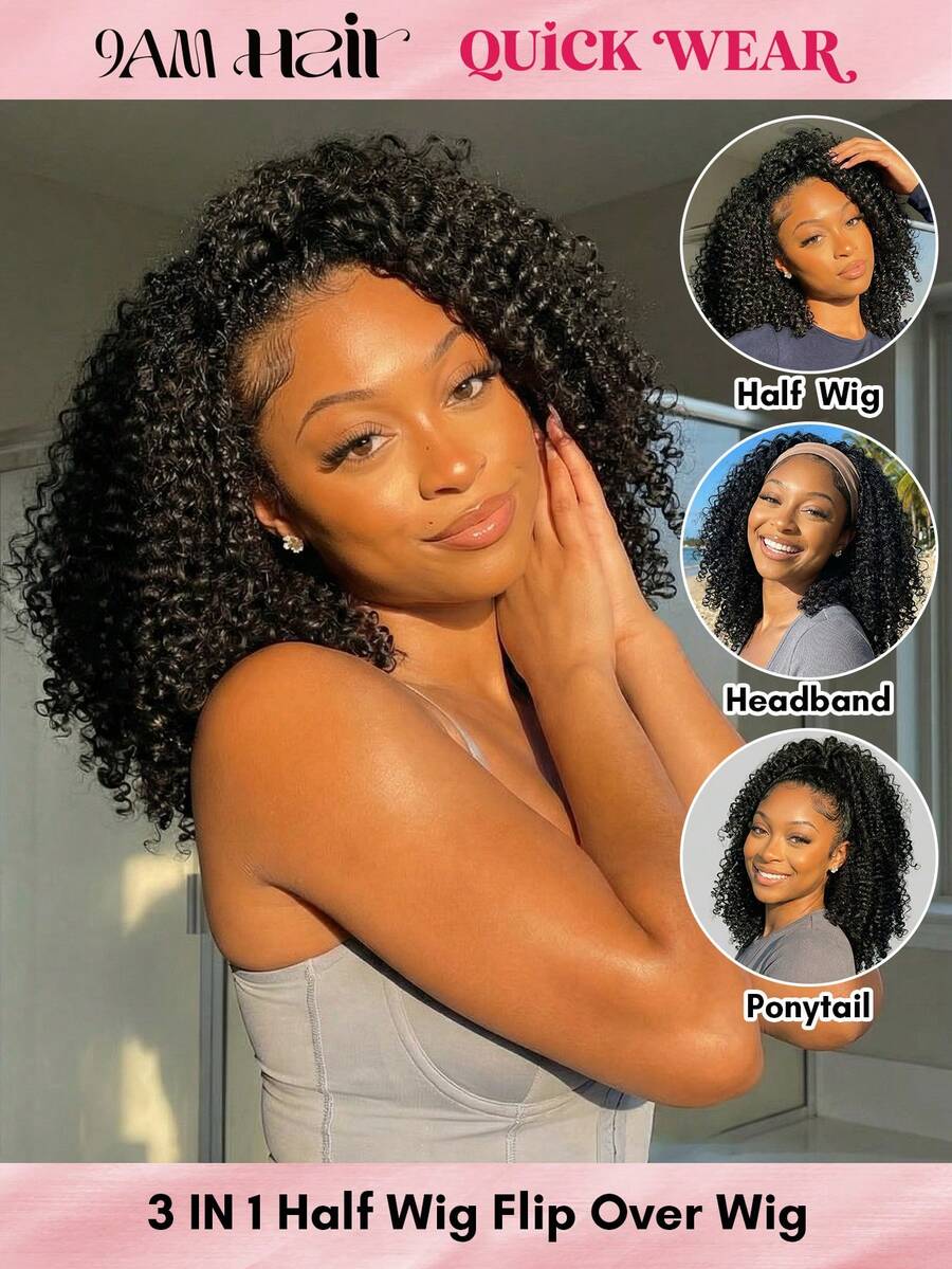 QUICK WEAR Curly Half Wig Human Hair 3-In-1 Half Wig Seamless Kinky Curly Flip Over Human Hair No Glue No Lace 180% Density 14-28 Inches Natural Black Color With Natural Hairline Beginner Friendly Sport Vacation Travel Festival Prom Outdoor Cosplay Campus School Beach Wedding Camping Holiday Outfits Summer Outfits Vacay Vibes Charm Elegant Casual Y2k Fashion Styles Ss25 Keywords - S1 - View 1