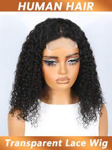 4*4蕾丝闭合假发，蓬松卷曲波波头蕾丝前额假发，预先拔毛，带婴儿发，透明蕾丝假发，适合女性日常佩戴，200%密度 - Natural Black - 查看 5