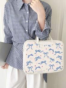 1 件装，蓝色星形蝴蝶结笔记本电脑手提包，轻便时尚，适用于 16 英寸/15 英寸/14 英寸笔记本电脑，PU 皮革防水加厚防震笔记本电脑包，大学生出行必备 - 白色 - 查看 9