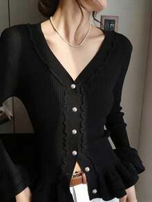 Spring New Black Versatile Knit Cardigan For Women, Ruffle Hem, Long Sleeve, Fitted V-Neck Sweater