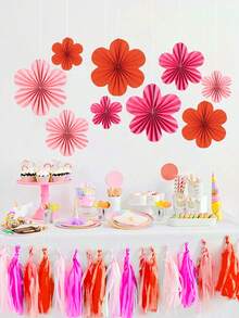 9朵玫瑰红+粉色+橙色心形纸花装饰，墙纸扇，教室装饰，纸花背景，悬挂纸扇，墙面装饰，圣诞节 - 彩色 - 查看 9