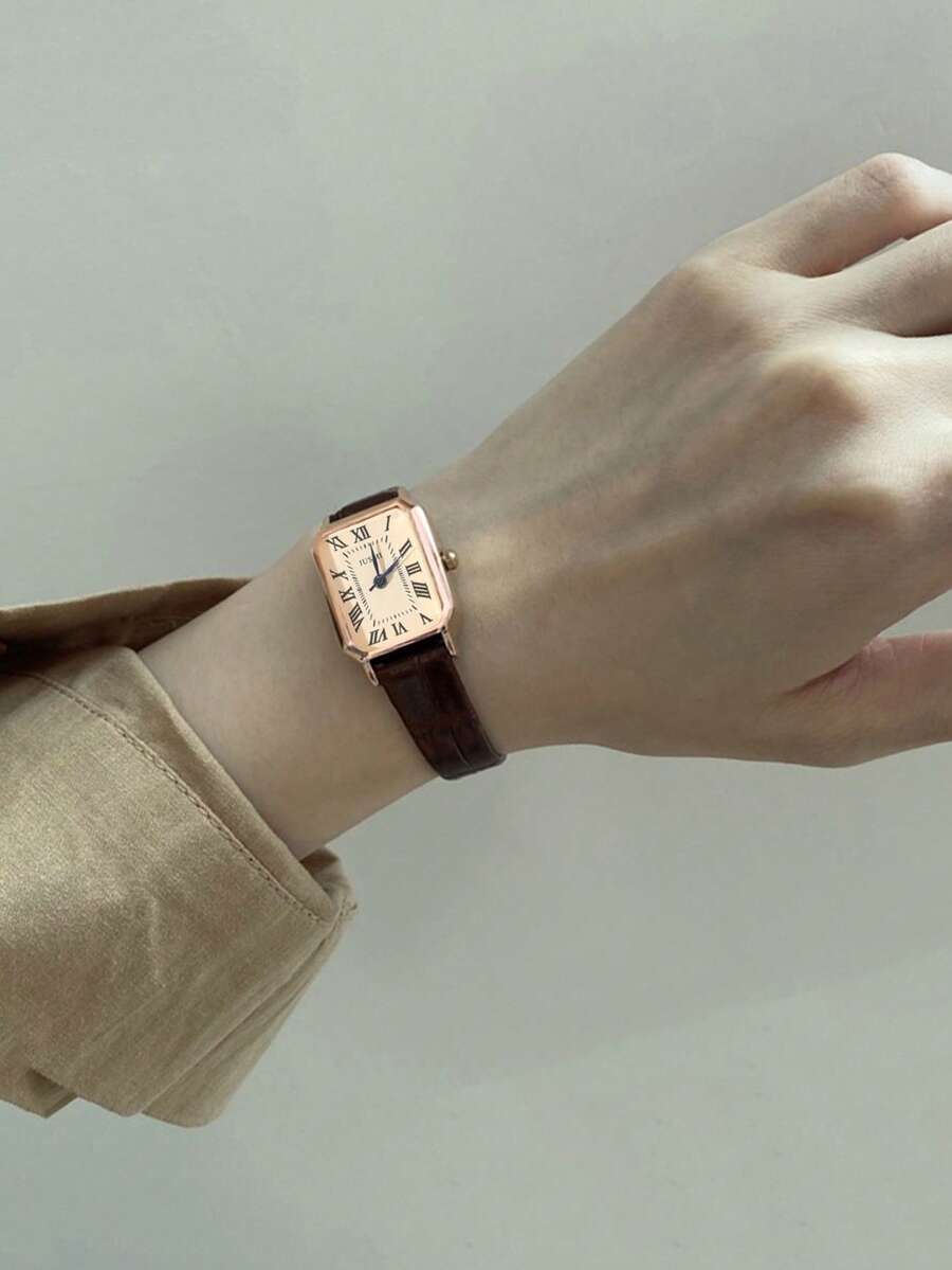 EMERY ROSE 1pc Minimalist Women's Rectangular Roman Numeral Dial Fashion Bamboo Strap Watch, Suitable For Daily Wear, Birthday, Anniversary Gift, Year-End Promotion, Singles Day, Halloween Promotion - Brown - View 1