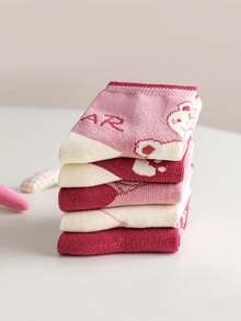 5 Pairs Girls' Cartoon Cute Mid-Calf Socks, Pink Bear Pattern Mid-Calf Socks For Girls, Suitable For School Season - Multicolor - View 7