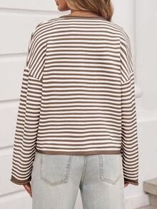 Womens Striped Cardigan Casual Long Sleeve Open Front Button Down Loose Knit Lightweight Fall Sweaters - 棕色 - 查看 3