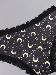 Dircho 5pcs Women's Mysterious Print Lace Trim Panties, Moon & Star Celestial Pattern Mid-Waist Triangle Briefs, Soft Elastic Underwear Set - Multicolor - View 3