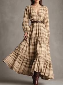 复古V领碎花长袖束腰喇叭连衣裙，乡村风格，适合春季郊游和节日穿着 - 彩色 - 查看 7