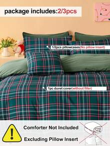 2/3件套绿色格子印花被套套装（1个被套+1/2个枕套，不含被芯），时尚床上用品，卧室和宿舍必备，通过Oeko-Tex认证 - 彩色 - 查看 4