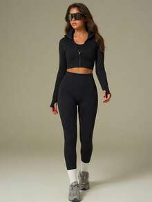 UONNOU Bộ đồ thể thao nữ 2 món, áo dài tay và quần định hình, trang phục thường ngày ngoài trời cho nữ, đồ thể thao, đồ định hình, đồ ôm sát, kiểu áo khoác, kiểu áo khoác mô tô, cổ đứng, khóa kéo toàn thân, thiết kế lỗ xỏ ngón tay thể thao, áo siêu ngắn ôm sát, nâng mông, làm thon gọn eo và bụng, tạo dáng chân và giúp bạn trông thon gọn hơn, quần thể thao ôm sát, độ co giãn cao và khả năng định hình tốt, vải dệt kim mềm mại không đường may, thích hợp cho các hoạt động thể thao và ngoài trời, yoga, tập gym, chạy bộ, sinh hoạt hàng ngày, đi làm, tiệc tùng và lễ hội, v.v., bộ đồ thể thao và ngoài trời thời trang cho mọi mùa, phong cách thu đông, xuân hè. - màu đen - Xem 10