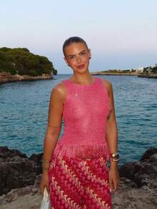 FOR BEAUTY Women's Shiny Knit Camisole Top, Solid Pink Round Neck Sleeveless Tank Top With Fringe Hem, Casual Vacation Style, Suitable For Beach, Travel, Boho, Summer Wear, Party, Sequin Top - Hot Pink - View 7