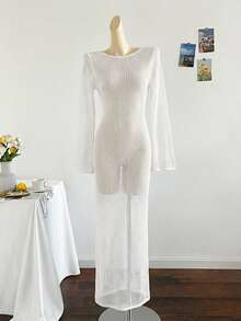 Women's Sexy Knitwear Long Sleeve Semi-Sheer Maxi Cover Up Dress For Beach Vacation - White - View 5