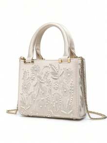SATIN EFFECT PEARL BAG, Women's Mini Handbag, Women's Crossbody Bag With Chain Strap, Fashionable Small Tote Bag Ladies Luxury Designer Purses, Bags For Ladies Fashionable - White - View 6