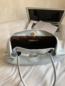 1个女士大容量手提包，PU皮革单肩包，休闲经典简约设计师商务风格包，时尚女士通勤包，黑色、白色、棕色、银色 - 霧霾藍 - 查看 7