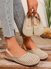 1 Pair Girls' Mesh Embroidered Heart & Diamond Pattern Flat Hollow Slip-On Shoes, Cute Princess Style, Fashion, Soft & Lightweight, Round Toe, Hook And Loop Closure, Matching Mom & Daughter, Suitable For 2-14 Years Old Girls, All Seasons, Party, Holiday - 玫瑰金 - 查看 2