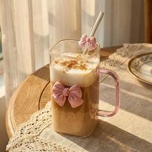 13.52oz Lightweight Luxury Transparent Square Glass Cup With Bowknot Handle And Straw, Heatproof, Suitable For Coffee, Milk, Juice, Breakfast, Home, Restaurant, Kitchen - Multicolor - View 6
