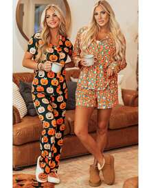 Orange Halloween Pattern Short Sleeve Shirt Pajama Set Women Sleepwear