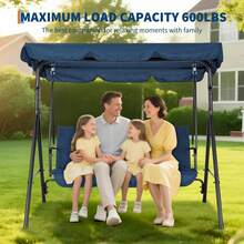 Columpio de exterior de 3 plazas con toldo ajustable y cojines gruesos, banco deslizante con patas antideslizantes y ganchos de resorte resistentes, resistente a los rayos UV, impermeable, capacidad de 227 kg para patio, jardín y patio trasero. - Azul - Ver 4