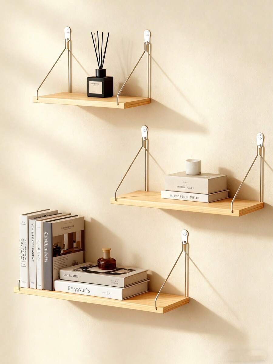 1 pieza Estante flotante montado en la pared, sin necesidad de perforar, estante de almacenamiento de tablero de madera para dormitorio, sala de estar, cocina, repisa decorativa de pared - Albaricoque - Ver 1