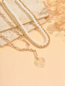 3pcs/Set Minimalist High-End Gold Chain Layered Necklace, Vintage Alloy Heart Pendant Decoration Necklace, Fashionable Jewelry For Women, Suitable For Daily Wear, Dates, Parties, Music Festivals. Chain And Beads Are Random In Length And Quantity.