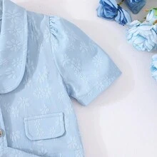 两件套女童蓝色提花纹理露脐上衣+迷你裙，夏季套装 - 淺色水洗藍 - 查看 5