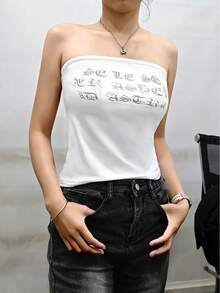 女士无肩带胸衣，夏季新款哥特字体印花，时尚休闲百搭露背修身短款上衣 - 白色 - 查看 2