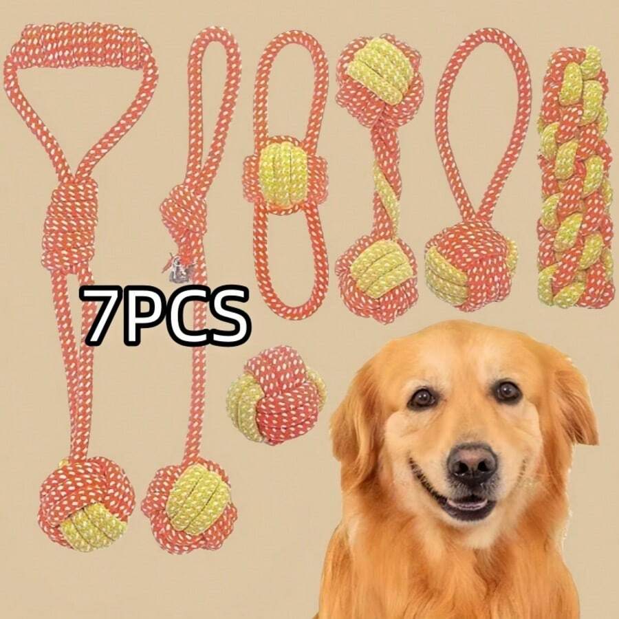 7pcs Rope Dog Chew Toys - Durable, Teething, Compact Design, Sturdy Structure, Ideal For Small & Medium Dogs, Perfect Dog Gift, Warm Companion - Orange - View 1